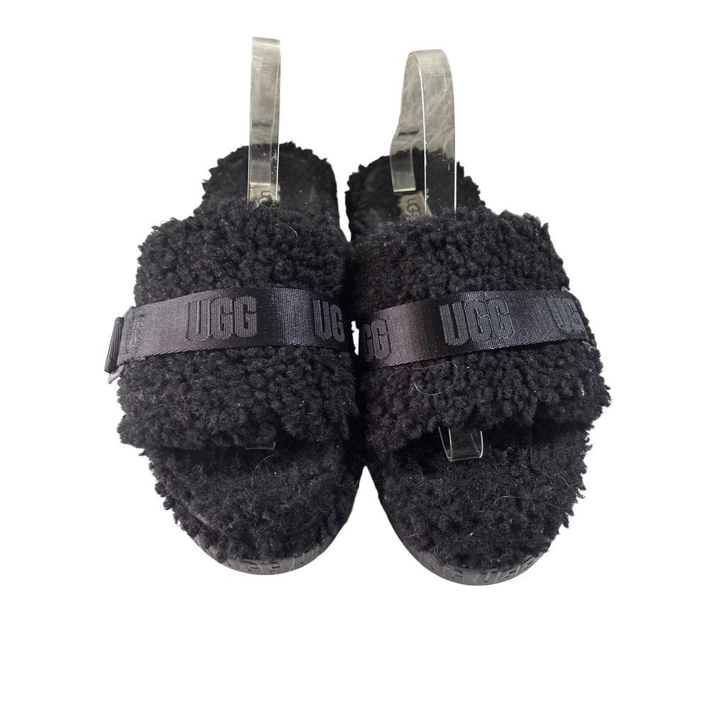 UGG Fluffita Black Curly Sheepskin Platform Slide Sandals Womens Buckle Strap